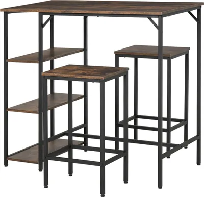 Produktbild von Rustikales 3-teiliges Bartisch-Set mit 2 Barhockern, Stehtisch und Regal in Braun/Schwarz, 109x60x100 cm, Spanplatte und Stahl