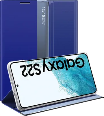 Image de Samsung Galaxy S22 5G Case, étui mince en cuir avec fenêtre et support pour Galaxy S22 5G bleu