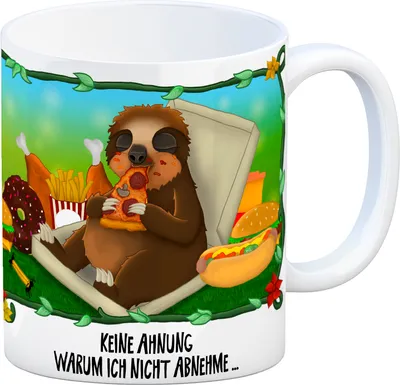 Produktbild von Kaffeebecher mit fressendes Faultier Dschungelmotiv und Spruch: Keine Ahnung