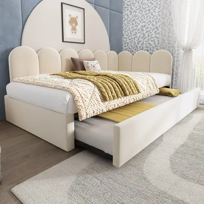 Produktbild von ODIKALO Ausziehbett Daybett Kinderbett Polsterbett Tagesbett Schlafsofa Samt 90x200cm Beige