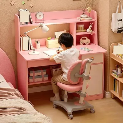 Imagen del producto de Escritorio infantil con estantería, mesa de estudio para habitación infantil, escritorio con cajón y espacio de almacenamiento, para niñas y niños de 3 a 12 años, color rosa, 80 cm