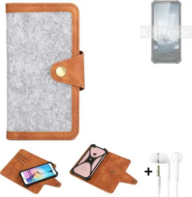 Produktbild von K-S-Trade Handyhülle + Kopfhörer kompatibel mit Oukitel WP22 Schutzhülle Filz Hülle Kunstleder hellgrau braun (1x)