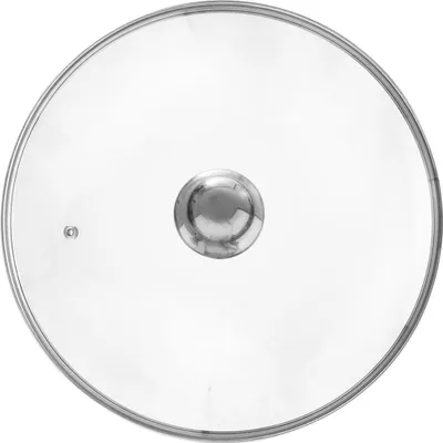 A clear glass pot lid with a silver handle and rim, shown from a top-down perspective against a white background.