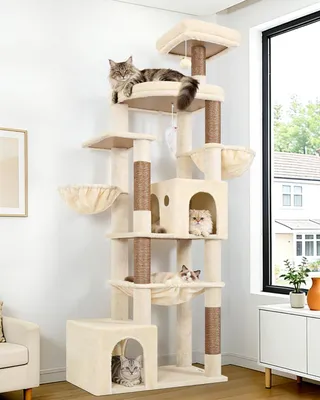 Obrázek produktu pro Velký, béžový kočkolák XXL, výška 193 cm, s 2 velkými kočičími domečky, extra velkou houpací sítí, vhodný pro velké kočky