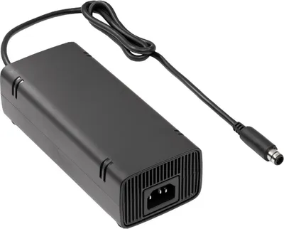 A black power adapter with a cord and connector.