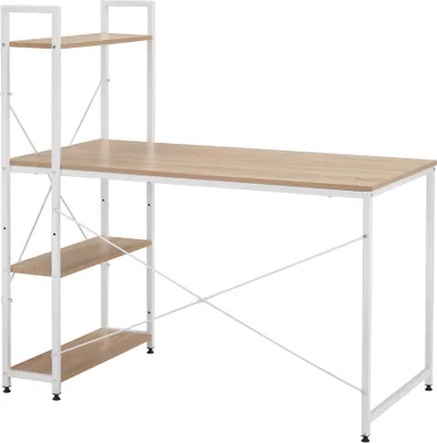 A white and light brown desk with shelves against a white background.