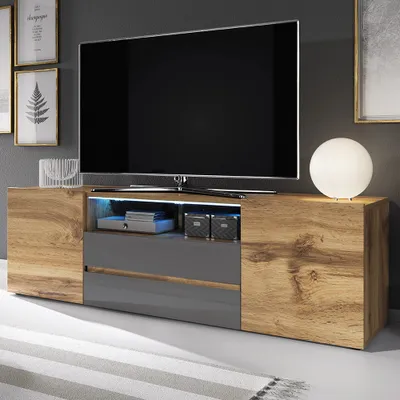 Produktbild von Selsey TV-Lowboard BROS - TV-Tisch in Wotan Eiche / Grau Hochglanz mit LED-Beleuchtung, 137 cm breit