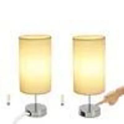 Produktbild von ZMH Nachttischlampe 2er set Touch Weiß Vintage E27 Chrom mit USB Ladefunktion Warmweiß Dimmbar Schreibtisch mit Stoff Lampenschirm für Schlafzimmer