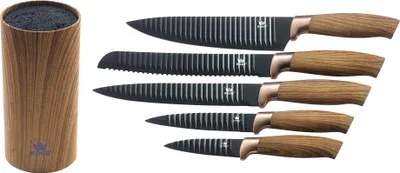 Produktbild von 6tlg. Messerbockset KING® ESSENTIAL Edelstahl beschichtete Klingen mit Riffelstruktur plus Messerblock / Größen: 20cm Kochmesser, 20cm Ausbeinmesser, 20cm Brotmesser, 12.5cm Universalmesser & 8.5cm Gemüsemesser