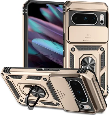 Image de Étui pour Google Pixel 8 Pro étui double couche avec couvercle coulissant pour appareil photo et support annulaire Or