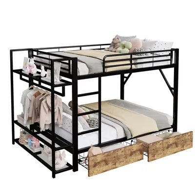Produktbild von Etagenbett mit Kleiderstange, Regal, Schubladen und LED-Beleuchtung, 140x200cm, Metallbett mit Rausfallschutz, Jugendbett