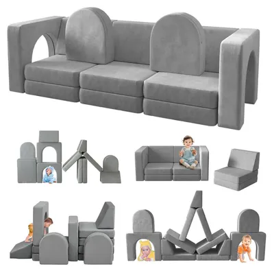Zdjęcie produktu dla Sofa do zabawy, 13-elementowe, szare. Modułowa sofa dla dzieci, idealna do pokoju zabaw. Wielofunkcyjna sofa 13 w 1