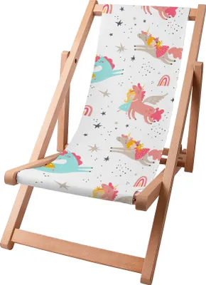 A wooden deck chair with a white fabric seat featuring a unicorn princess pattern.