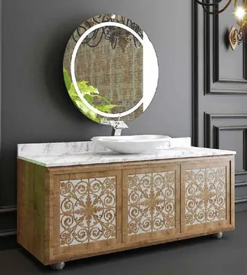 Produktbild von Casa Padrino Luxus Badezimmer Set Naturfarben / Weiß - 1 Waschtisch mit 3 Türen und 1 Waschbecken und 1 Wandspiegel - Badezimmermöbel - Luxus Qualität