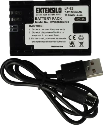 Produktbild von EXTENSILO Akku kompatibel mit Canon EOS 80D, R5, R6, 7D Mark II, R6 Mark II, 70D, 90D, R, 6D Mark II, R5 C, 7D Kamera (2250 mAh, 7,4 V, Li-Ion), USB-C Buchse
