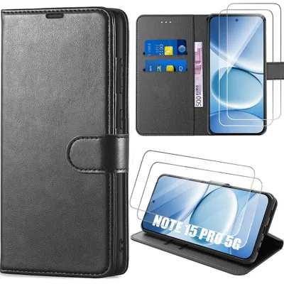 Image de Coque + 2 Verres Trempés pour Xiaomi Redmi Note 15 Pro 5G, Anti-Rayures Antichoc Effet Cuir Noir