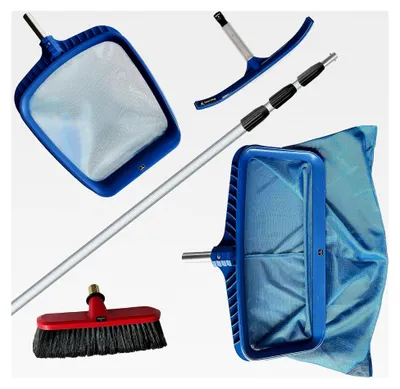 Produktbild von 8 m Teleskop Pool-Teich Set mit 2 Kescher und 2 Bürsten/Teleskopstange mit Oberflächenkescher und Tiefenkescher