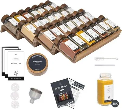 Produktbild von Kräuterrechen mit 28 Dosen - Vollständiges Set für Küchenorganizer - Schwarz Acryl