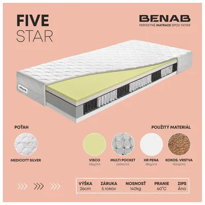 Obrázok produktu pre Taštičkový matrac Benab Five Star Matrac 90 x 200 cm H3 / H4 tvrdosť 26 cm výška Taštičkové matrace, Medicott Silver, Kokos, Visco, HR, Multi pocket, 7 zón, Partnerský matrac