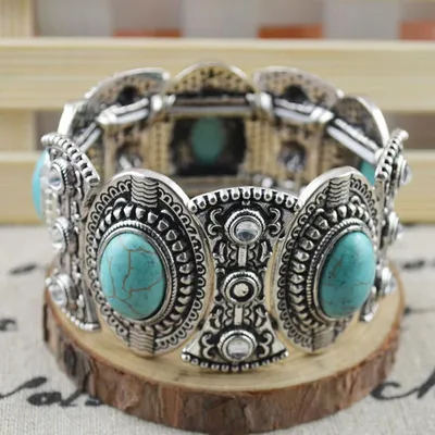 Produktbild von Retro Damen Geschenk Oval Türkis geschnitzt tibetischer Armreif Boho Schmuck