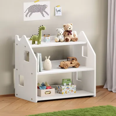Produktbild von Kinderregal YASMIN 3 Ablagen weiß - Montessori Regal für Spielzeug und Bücher, Kinderzimmer Aufbewahrung aus Kiefer Massivholz, Regalaufbewahrung