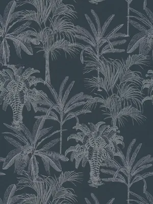 Produktbild von Vliestapete Dunkelblau Palmen Muster im Kolonial Stil – Blau