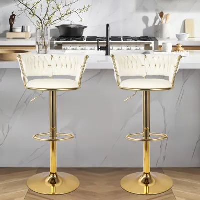 Image de Tabourets de bar Hawthyhome avec piètement métallique doré (lot de 2) Tabouret de bar avec dossier et repose-pieds, réglable en hauteur, pivotant, beige