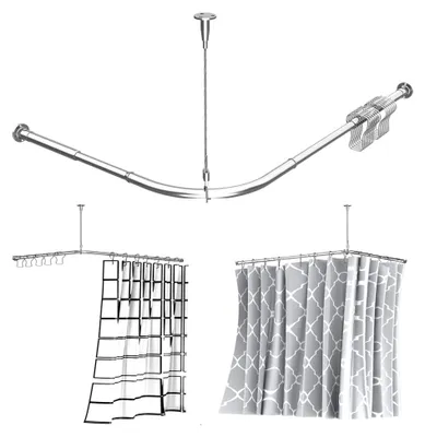Produktbild von Verstellbare Eck-Duschvorhangstange aus 304 Edelstahl, L-Form, 61 - 81,3 x 81,3 - 121,9 cm, mit Deckenstütze, für Bekleidungsgeschäfte und Privaträume (inklusive Vorhanghaken)