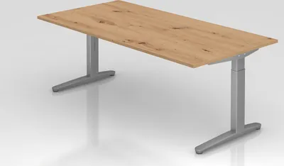 Produktbild von Schreibtisch Mika | Asteiche | Silber Gestell | BxT 200x100cm | Arbeitshöhe 65-85cm | höhenjustierbar, 1cm Raster | C-Fuß-Gestell | Rechteckform
