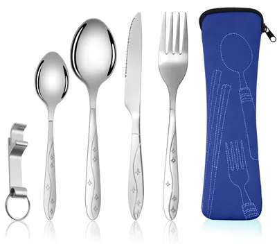 Productafbeelding van Campingbestekset, 6 stuks, RVS bestek met lepel, vork, mes en opbergzak