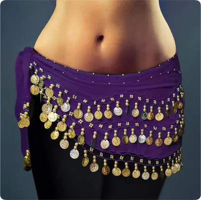 Produktbild von Belly Dance Bauchtanz Hüfttuch Kostüm 128 goldfarbenen Münzen Münzgürtel Gürtel in lila