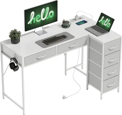 Image de Bureau d'angle - Bureau d'ordinateur - Forme en L - Réversible - 6 tiroirs - Prise intégrée - 120 cm - Structure métallique - Blanc