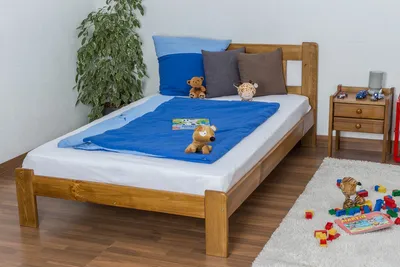 Produktbild von Kinderbett / Jugendbett Kiefer Vollholz massiv Eichefarben A21, inkl. Lattenrost - Abmessung 120 x 200 cm