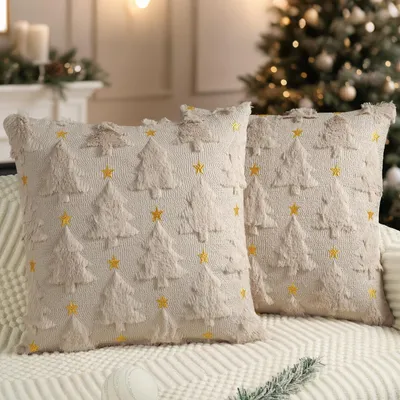 Immagine prodotto di Cuscini decorativi natalizi, 40x40 cm, set da 2, color beige, con motivo di albero di Natale e stella, in peluche sintetico, ideali per la decorazione della casa e del divano