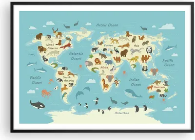 Produktbild von Gerahmtes Poster - Schwarzer Rahmen - Tiere die Welt Karte - 100x70 cm - Wand Bild - Wanddeko - Wandbilder - Kunstposter - Wandposter - Bilderrahmen - Bilder - Kunstdruck - P2BAA100x70-4860