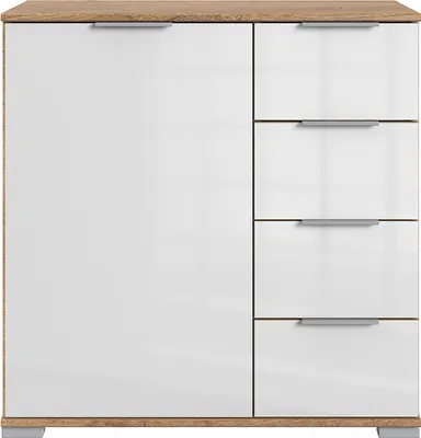 Produktbild von Schlafzimmer Kommode in Plankeneiche Nb. mit weißem Glas ELSTRA-43, B/H/T ca. 81/83/41 cm