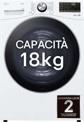 A front view of a white LG washing machine with its door open, displaying text about its capacity and warranty.