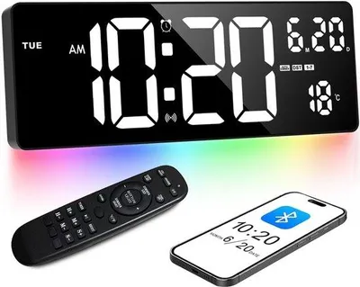 Immagine prodotto di Orologio da parete digitale con sincronizzazione Bluetooth, display bianco e luce d'atmosfera colorata, 16,5 pollici, ideale per soggiorno, cucina e ufficio