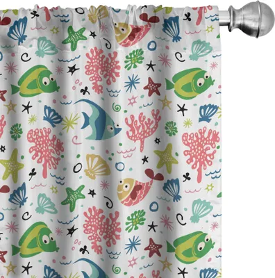 Produktbild von ABAKUHAUS Fisch Vorhänge, Gardinen, Childish Muster mit Korallen und Unterwasserkreaturen Muscheln Seesterne, 2 Stück 75 x 175 cm, Mehrfarbig
