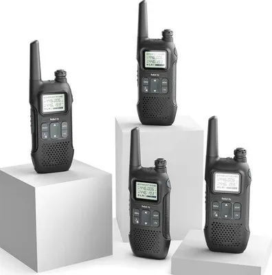 Immagine prodotto di Set radio con display LCD, portata di 4 km, 16 canali, batteria ricaricabile, ideale per l'uso all'aperto
