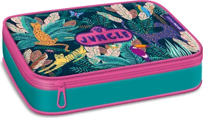 Image de Ars Una école Trousse à crayons Jungle - animaux et plantes tropicales, vert et rose, pour filles