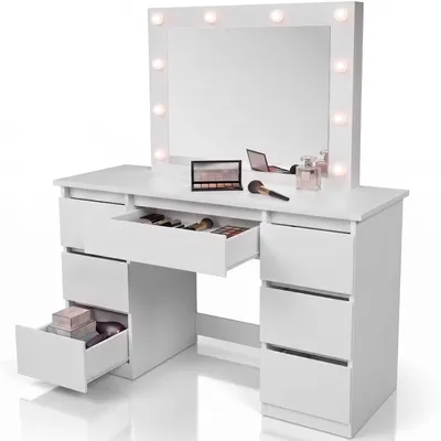 Produktbild von Juskys Schminktisch Talea mit LED, 7 Schubladen & großem Spiegel – Weiß