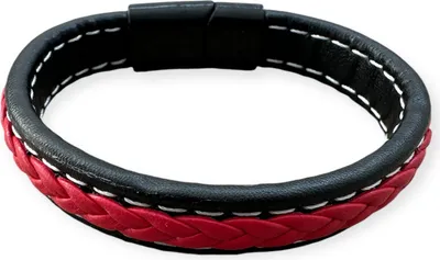 Zdjęcie produktu dla Bransoletka meska skorzana czarno czerwona pleciona magnes stal prezent 21cm