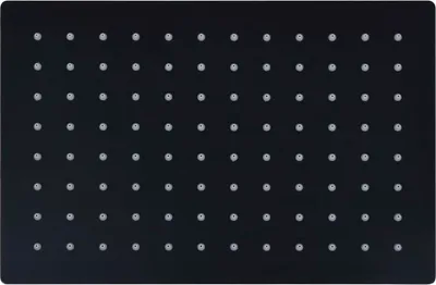 A close-up, top-down view of a black rectangular shower head with multiple silver nozzles.
