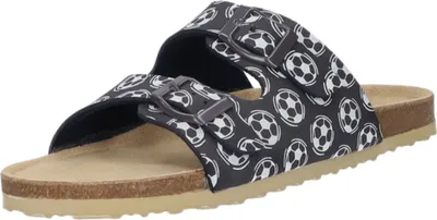 Produktbild von Pantolette L-2BS/CH-NA Dunkelblau mit Fußball Motiven, 2 verstellbare Riemen, Schnalle