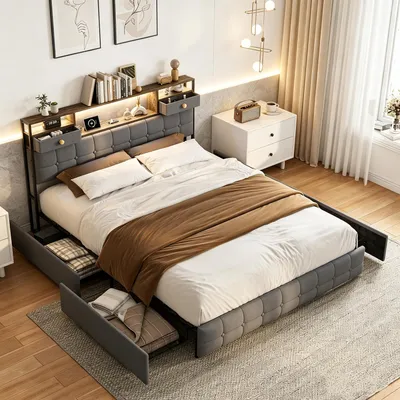 Produktbild von INONEFT Boxspringbett Polsterbett 160x200 mit LED und USB/C, Stauraumbett  mit 4 Schubladens,Doppelbett Bettgestell mit Lattenrost, Samt, Grau