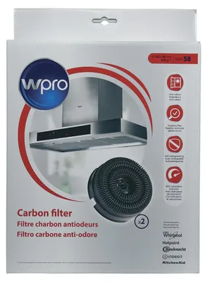 The image shows the retail packaging of a Wpro carbon filter for a range hood.