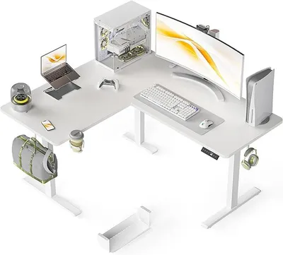 Imagen del producto de Escritorio de forma en L, con ajuste de altura eléctrico, 135 x 115 cm. Escritorio de esquina con ajuste de altura, mesa de ordenador de pie/sentado con gestión de cables, ideal para oficina, jugadores y uso general, color blanco