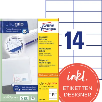 Obrázek produktu pro Avery Zweckform 3653 - Permanentní samolepicí papírové štítky - bílé - 105 x 42,3 mm - 2800 štítků (200 listů x 14) (3653-200)