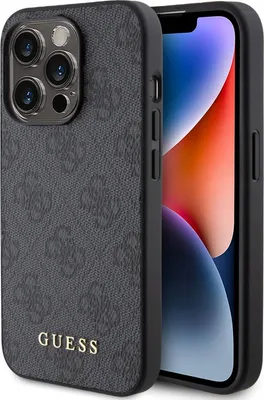A close-up, angled view of an iPhone 15 Pro case with a textured gray exterior featuring a repeating Guess logo pattern and a gold Guess logo at the bottom. The phone's screen is visible on the right side of the case.